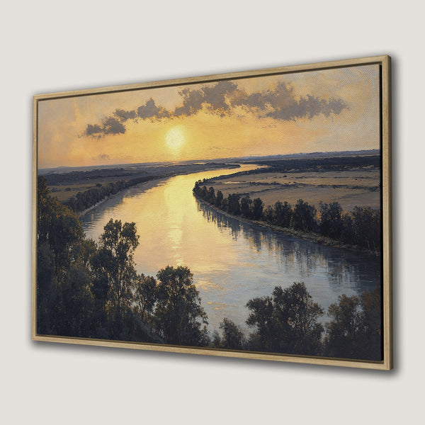 Framed Wall Art: Landscape Canvas Print of a river at sunset. Warm, golden color palette with a serene, painterly style. Perfect for home decor.
