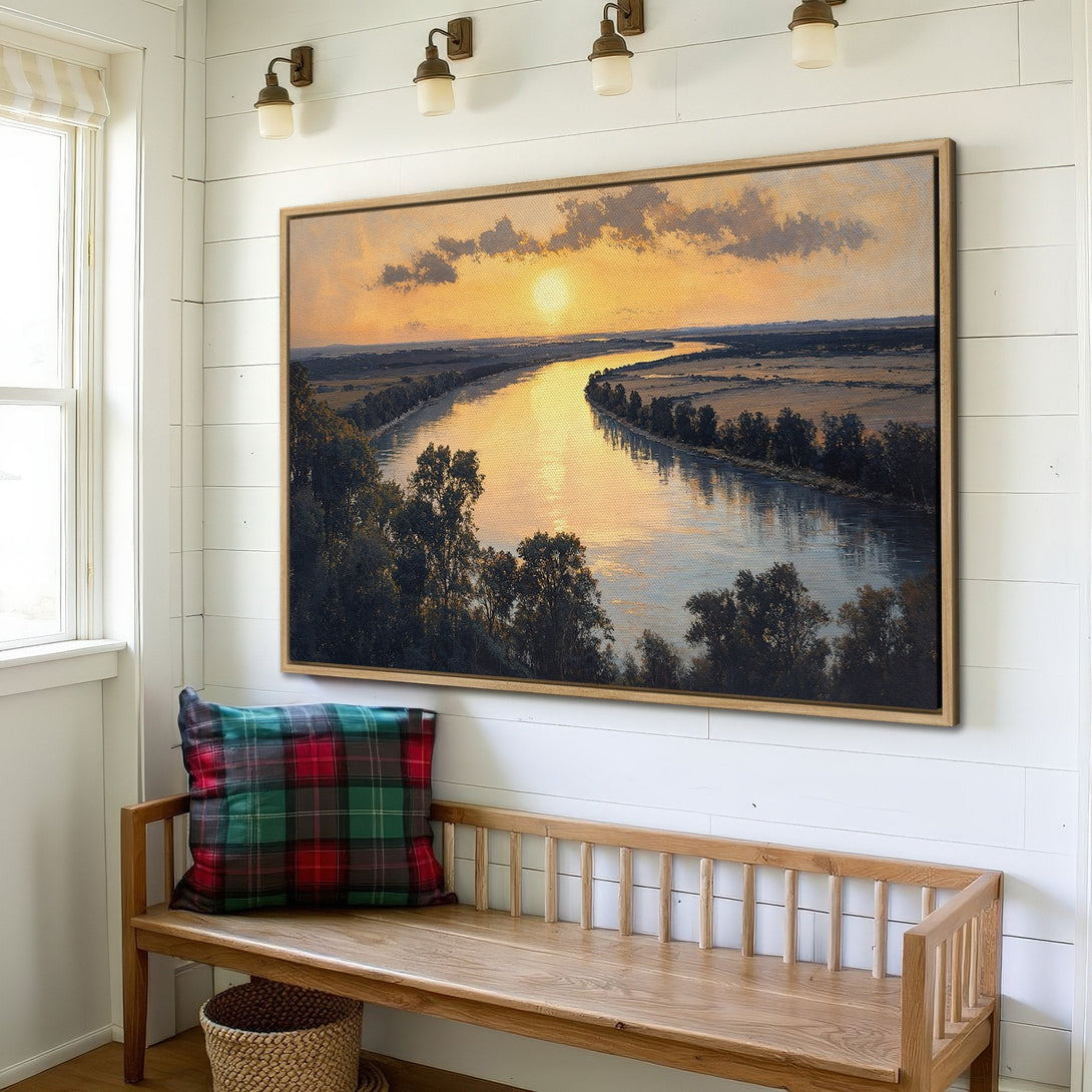 Framed Wall Art: Landscape Canvas Print with river scene in warm sunset colors. Rustic style art for home decor, featuring gold, blue, and green tones.