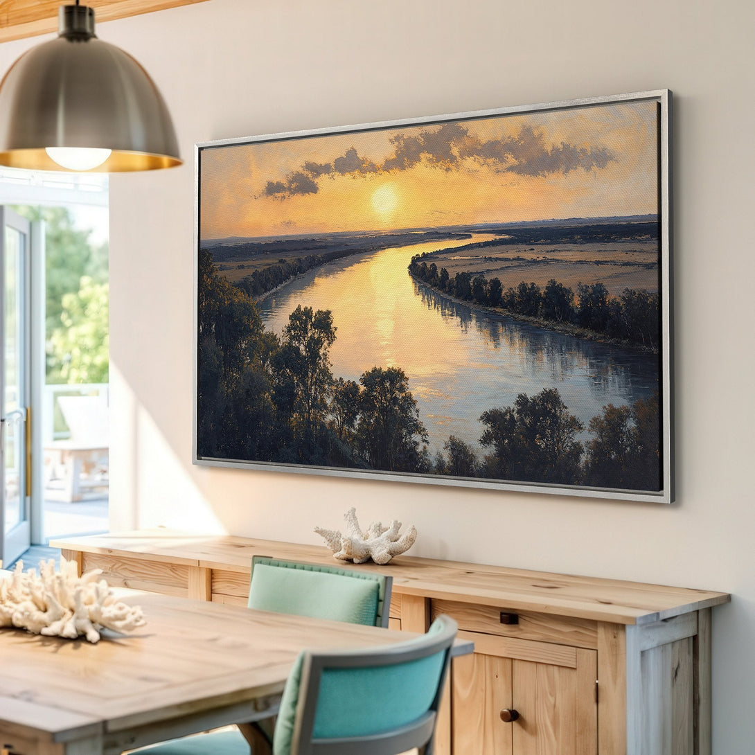 Framed Wall Art featuring a serene river landscape painting with warm sunset hues. Bring nature's beauty indoors with this stunning canvas print.