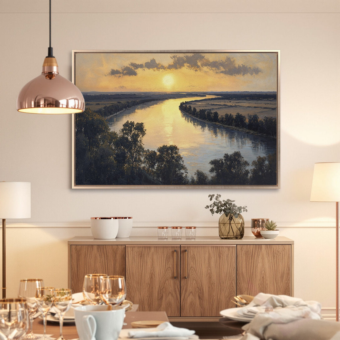Framed Wall Art: Landscape Canvas Print with a river scene in warm sunset tones. Perfect for adding a touch of nature and elegance to your home.