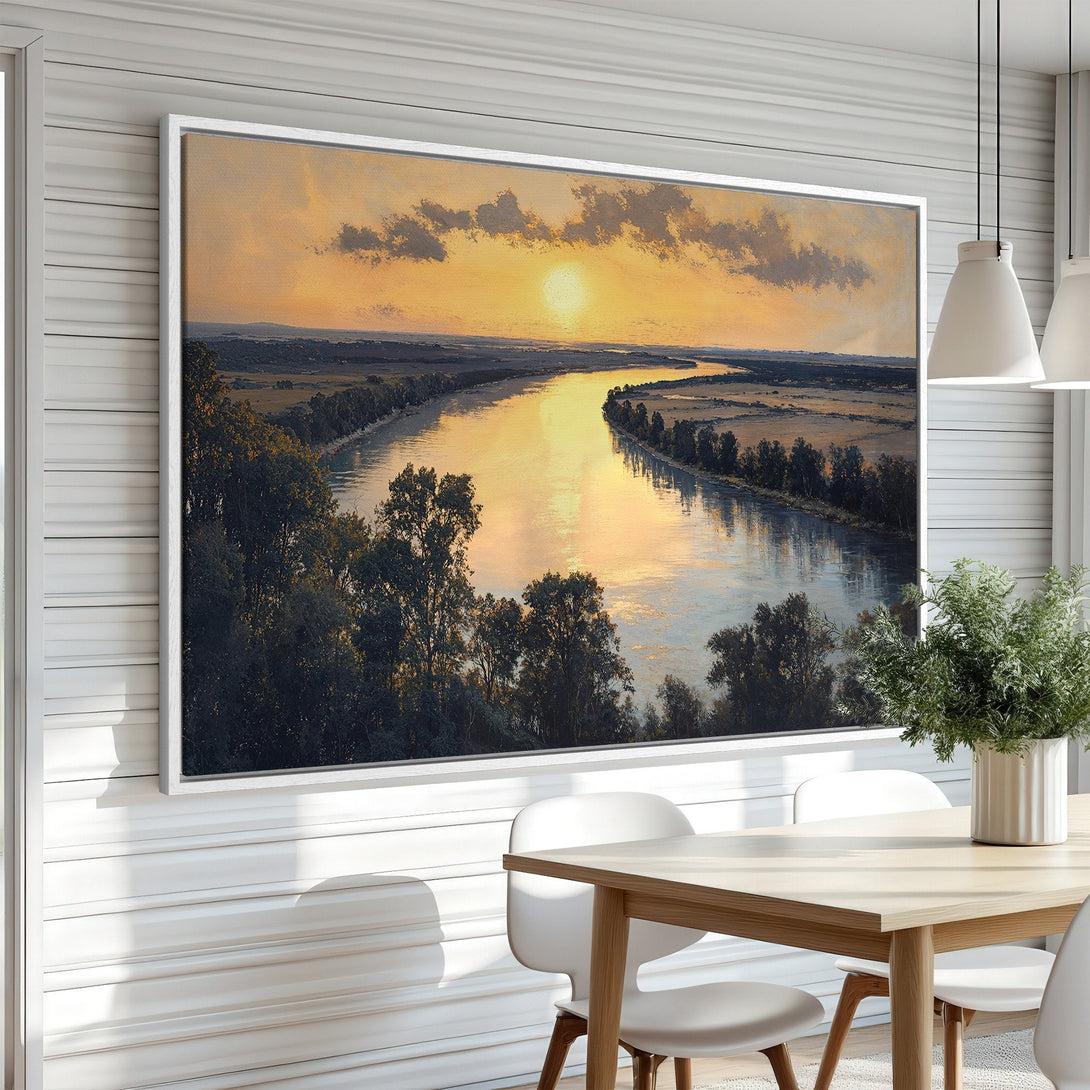 Framed Wall Art: Sunset river landscape canvas print, warm gold and blue tones, perfect for adding a touch of nature to your home decor.
