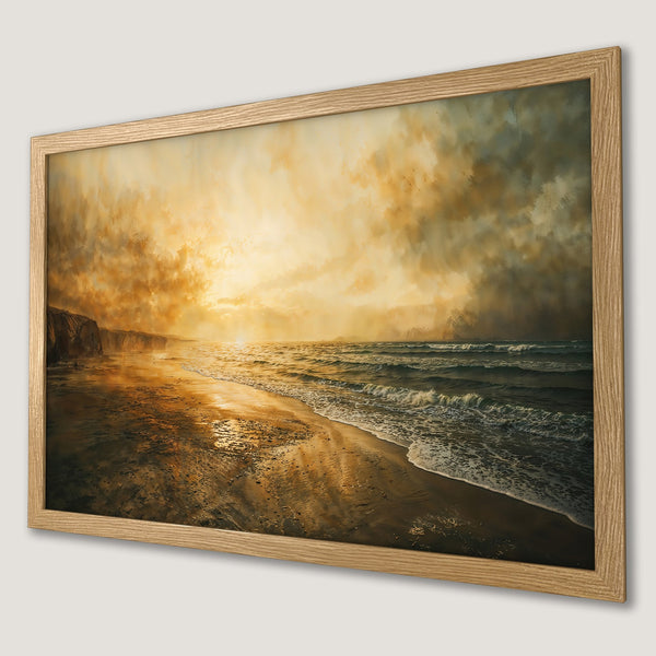 Framed Poster of a beach scene with golden sunset. Artistic style, warm color palette. Bring the coast to your home!