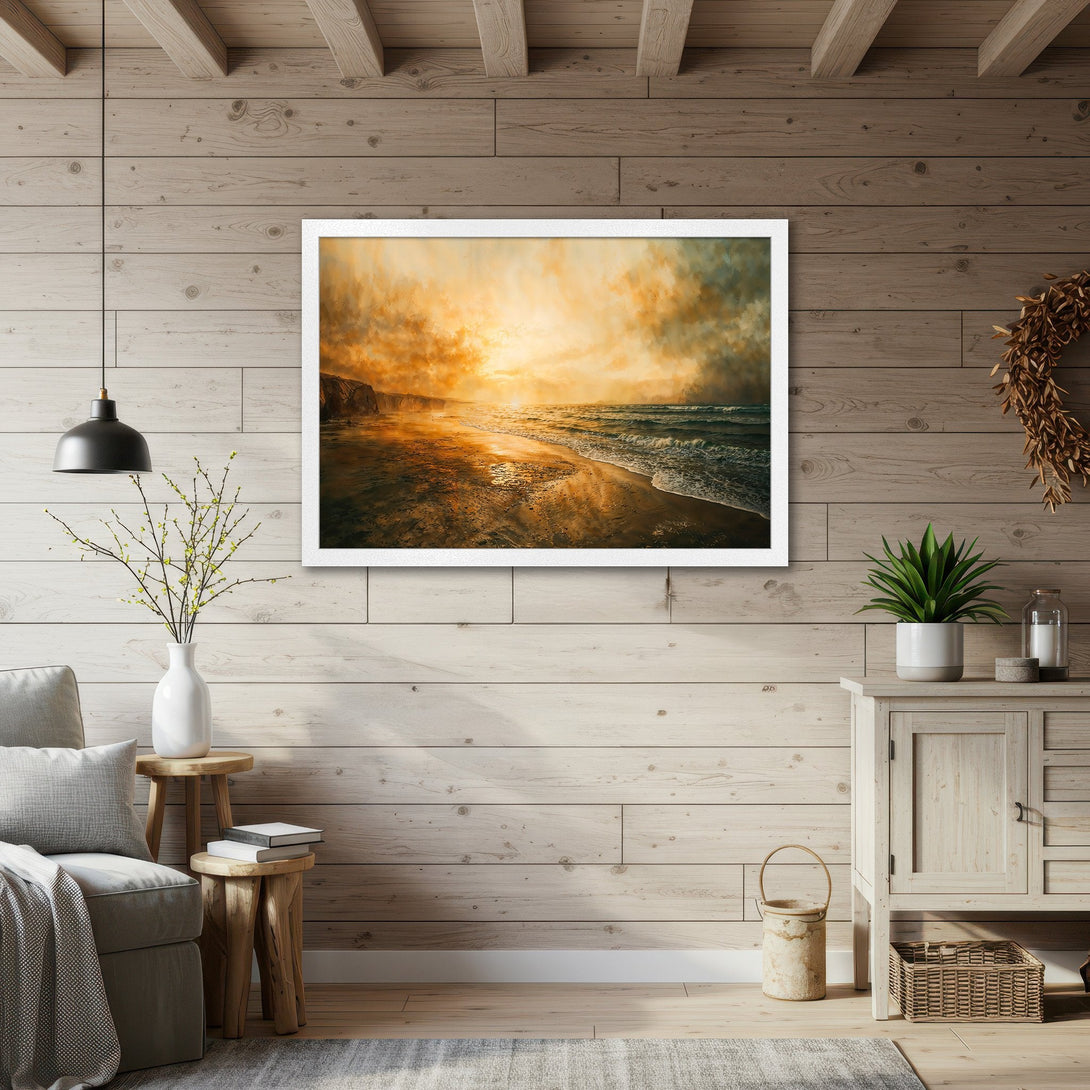 Framed Poster featuring a beach sunset in warm orange and gold tones, perfect for coastal decor.