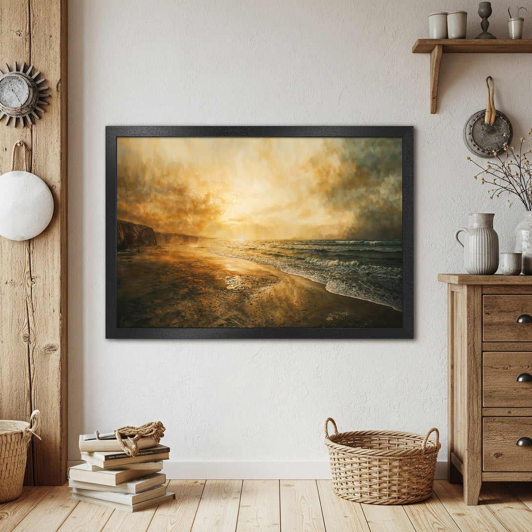 Framed Poster of a dramatic beach sunset, showcasing a warm, golden color palette. Perfect coastal wall art for a serene home.