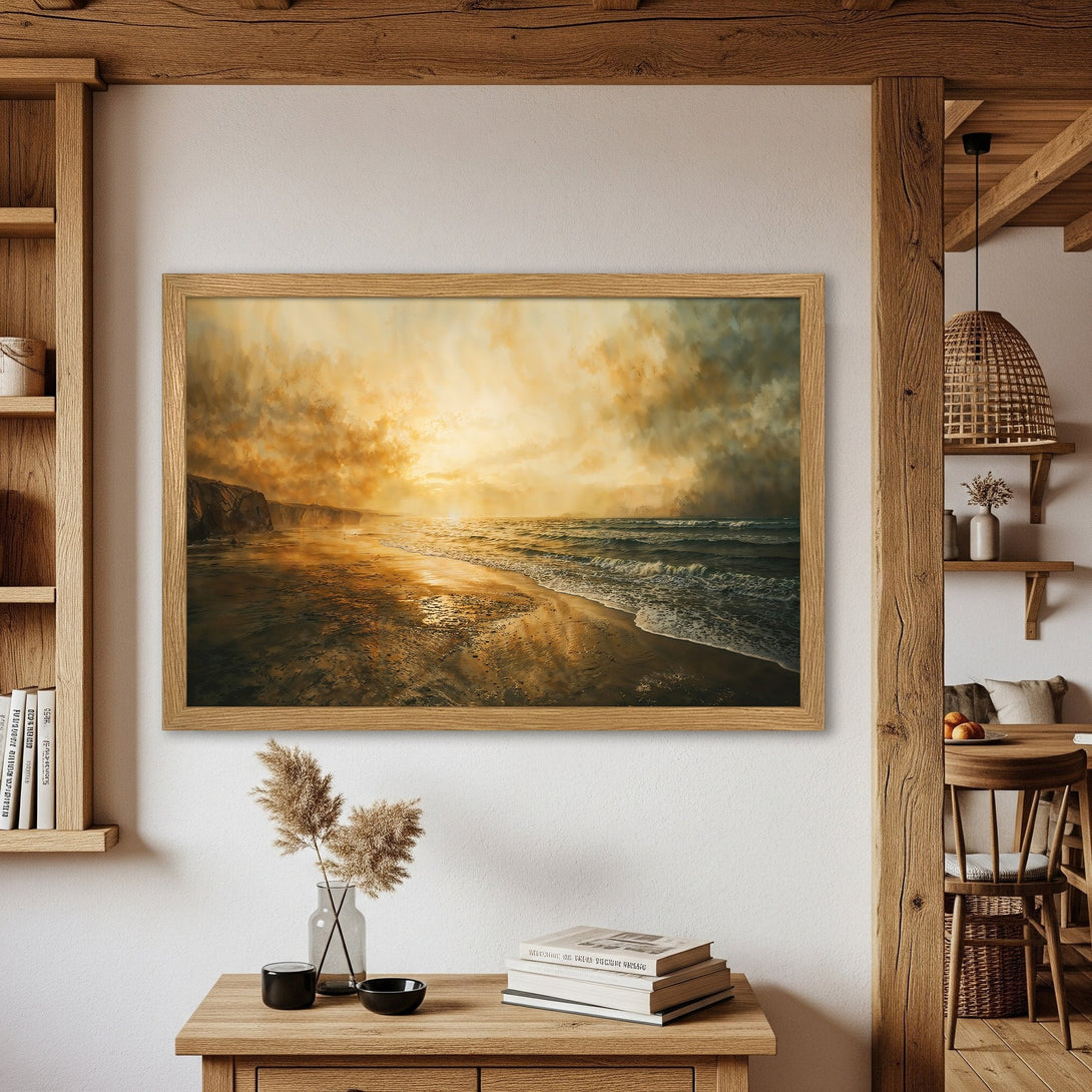 Framed Poster featuring a beach landscape in a warm, golden color palette. Coastal art print for home decor.