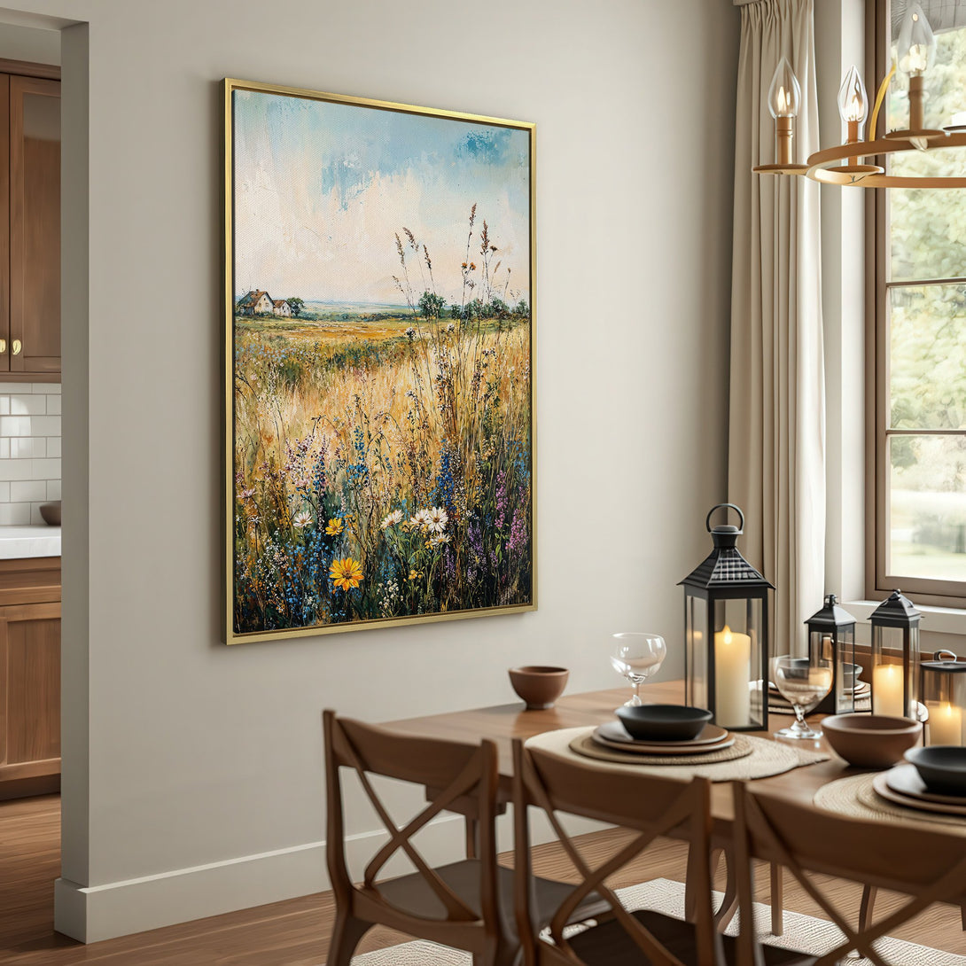 Canvas Print of a vibrant field landscape painting in warm, earthy tones. Rustic style wall art for a cozy home.