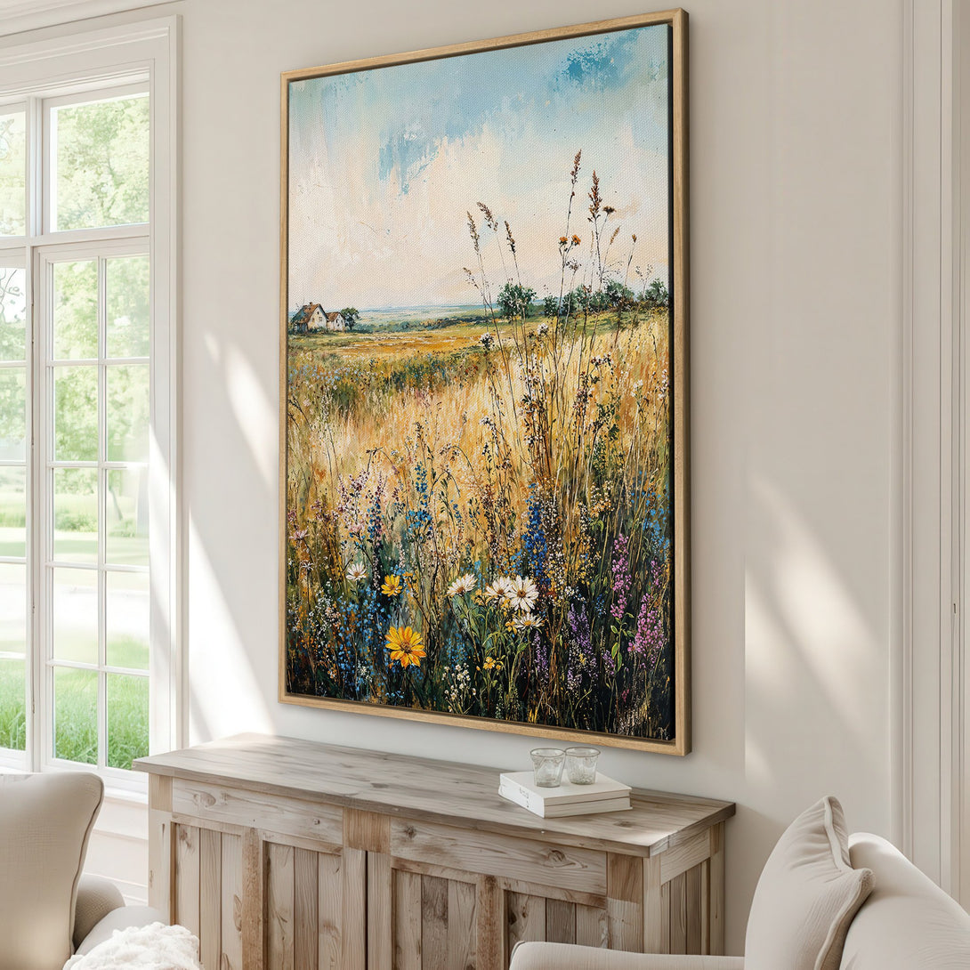 Framed Wall Art: Impressionist landscape Canvas Print with wildflowers in a warm, golden palette. Perfect for adding a touch of nature to your home decor.