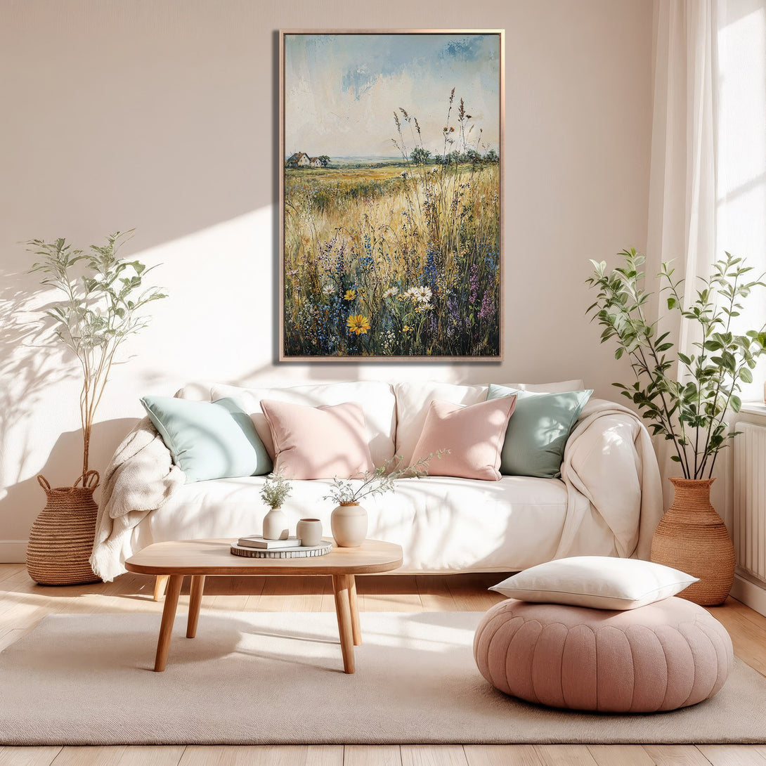 Framed Wall Art: Impressionist landscape Canvas Print in warm tones. Adds a touch of nature and serenity to any living space. Featuring a soft, neutral color palette.