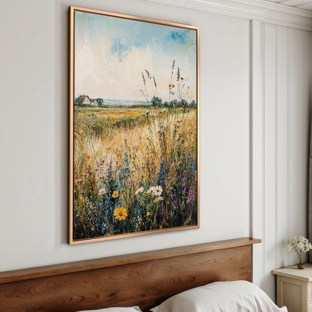Framed Wall Art: Impressionist landscape painting with wildflowers, warm yellow and blue tones, perfect for bedroom decor and adding a touch of nature.