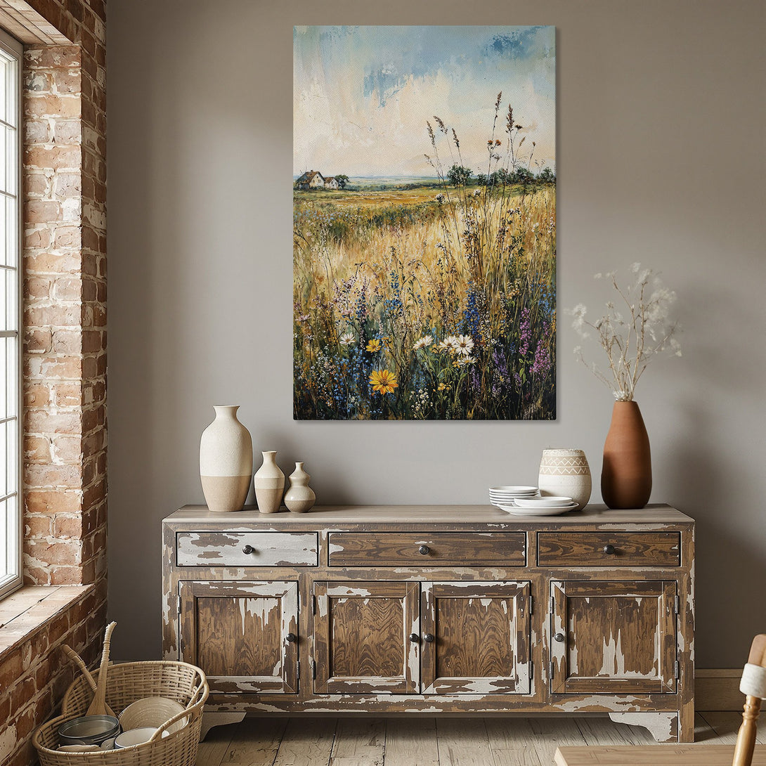 Framed Wall Art of a serene field scene with warm, earthy tones. Enhance your space with this beautiful landscape Canvas Print.