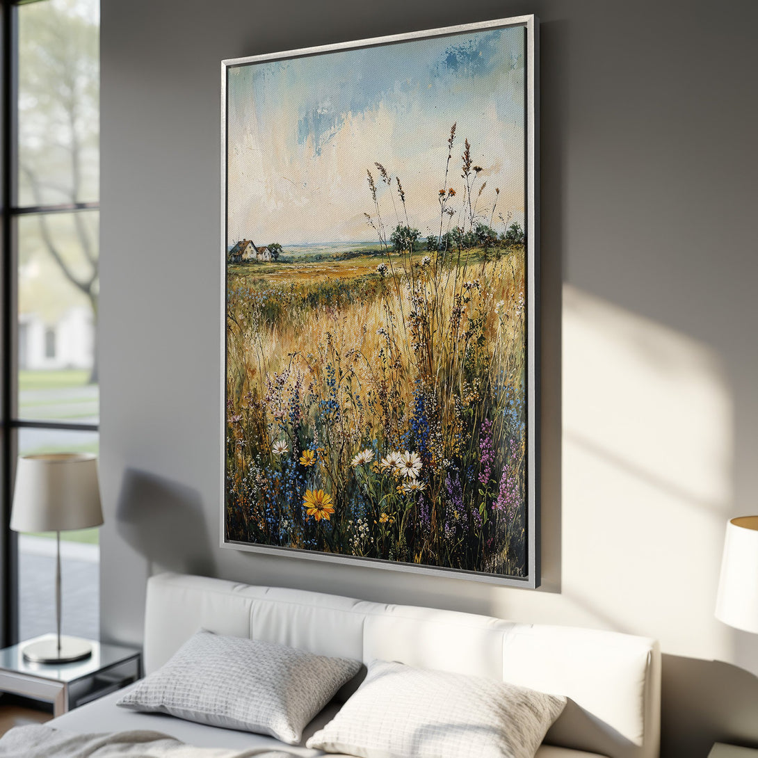 Framed Wall Art: Impressionist landscape Canvas Print with wildflowers, warm yellows, blues, and greens. Perfect for adding a touch of nature to your home.