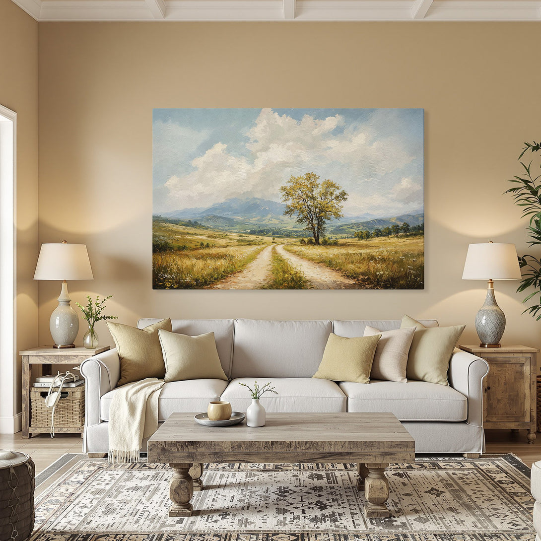 Framed Wall Art: Landscape painting with a golden frame. Features a dirt road, tree, and mountains in a warm, inviting color palette.