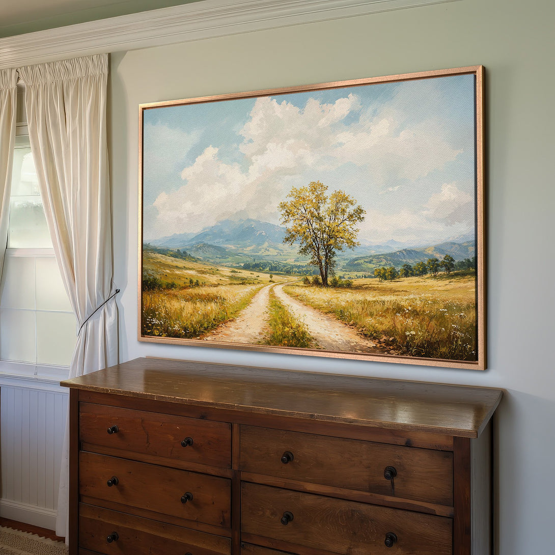 Framed Wall Art: Landscape Canvas Print with a serene countryside scene in warm earth tones. Rustic style, perfect for adding a touch of nature to your home decor.