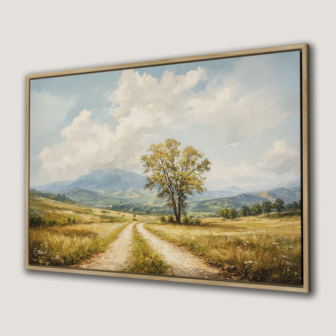 Canvas Print of a serene landscape painting. Featuring a dirt road, tree, and mountains in a warm, earthy color palette. Perfect wall art!