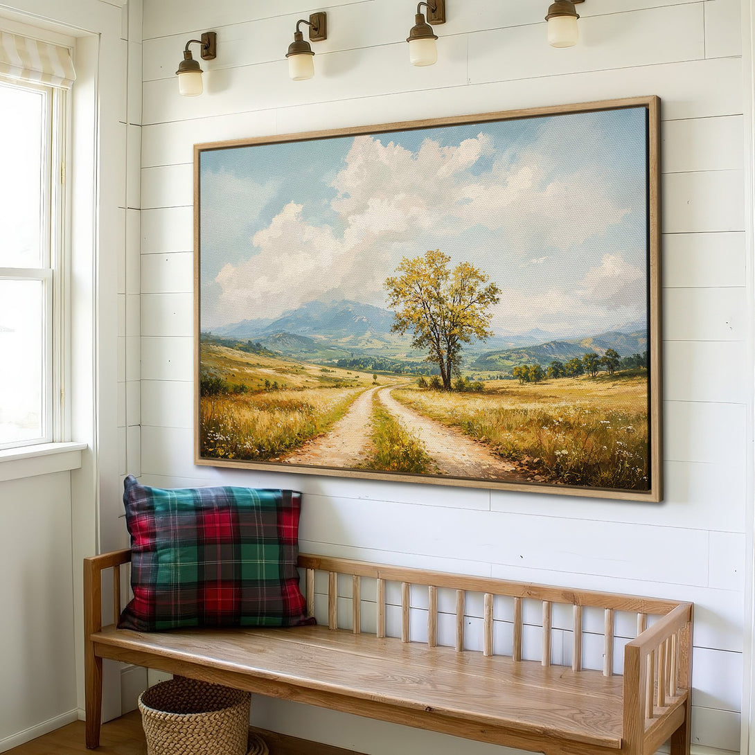 Framed Wall Art: Landscape Canvas Print in warm earth tones. Rustic style painting of a countryside path, perfect for adding a touch of nature to your home decor.