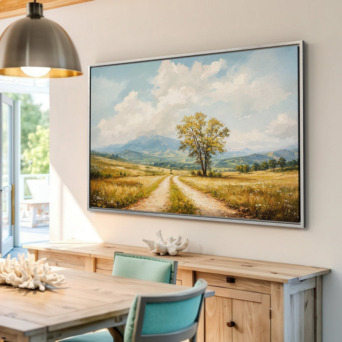 Framed Wall Art: Landscape painting of a country road with a warm, earthy color palette. Perfect for adding a touch of nature to your home.