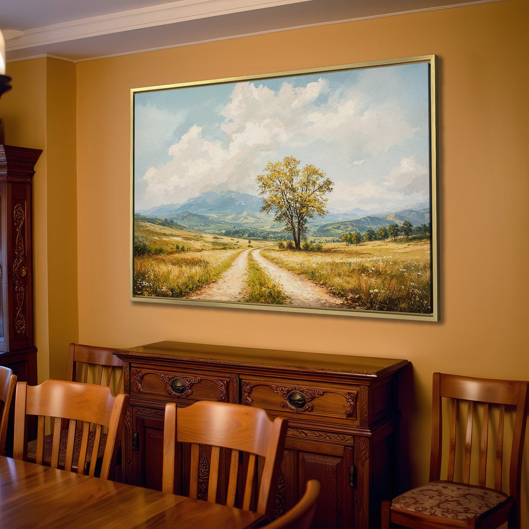 Canvas Print: Landscape art featuring a dirt road, tree, and mountains in a warm, neutral color palette. Perfect for adding a touch of nature to your home!