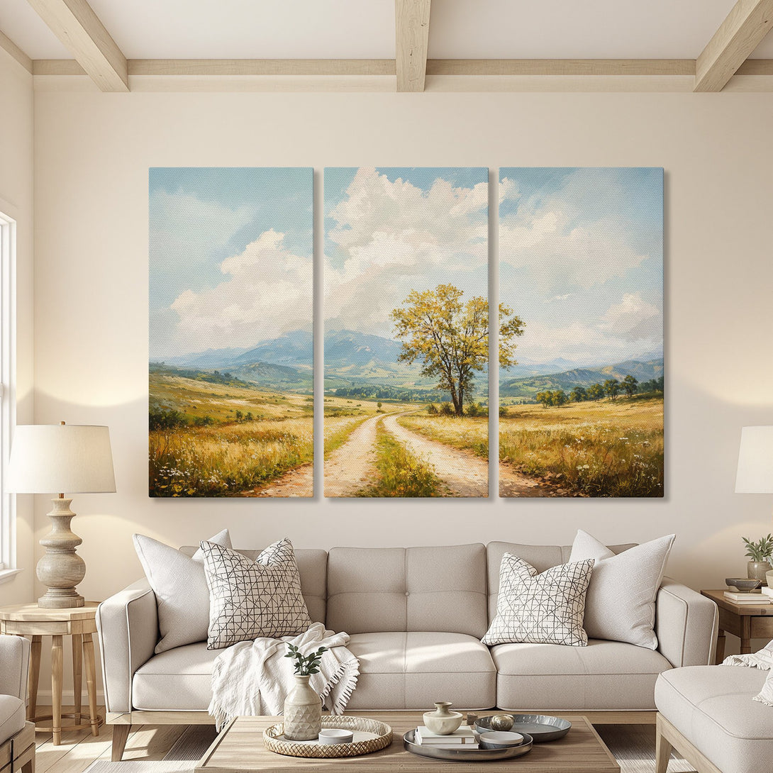 Canvas Print of a serene landscape painting with a dirt road, tree, and mountains. Warm, neutral color palette perfect for any interior.