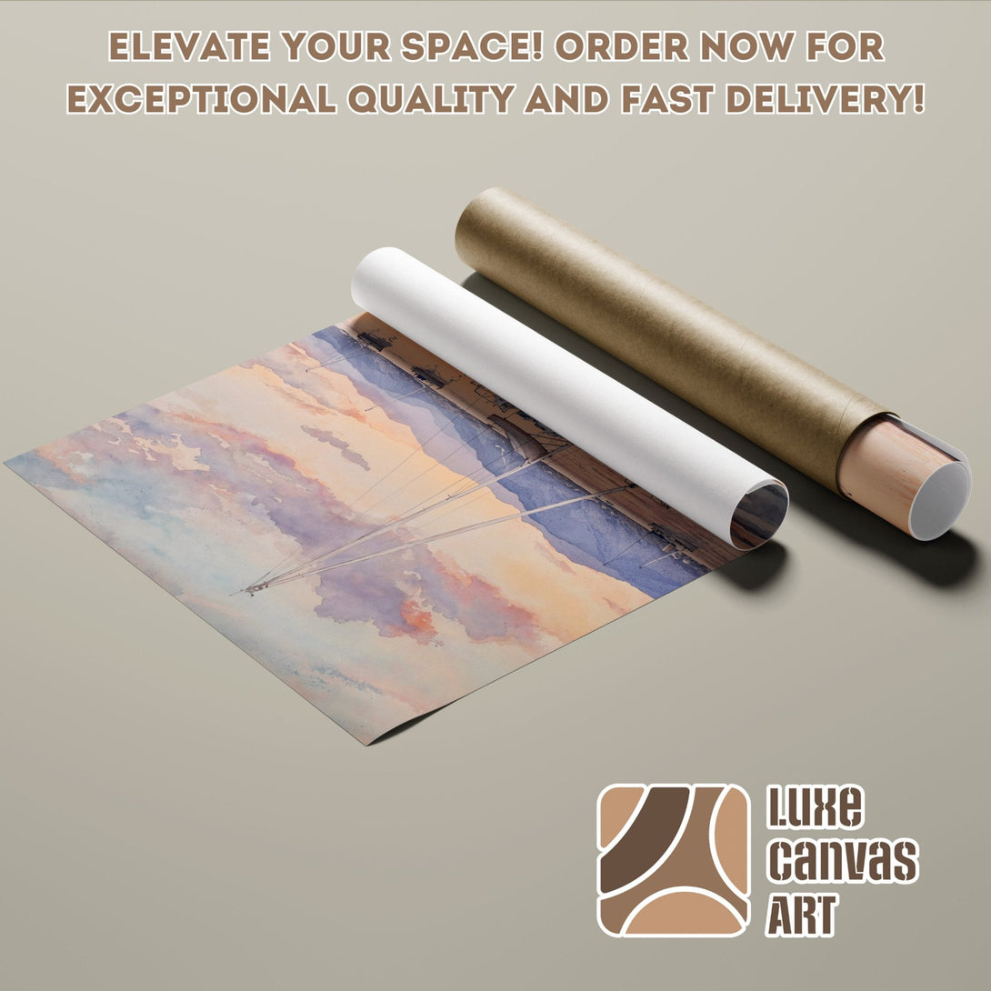 Watercolor Poster Roll with sunset landscape art, warm color palette. Order now!