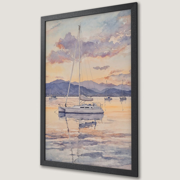 Framed Poster of a watercolor sailboat scene. Features a serene seascape with a warm sunset palette, perfect for coastal decor.