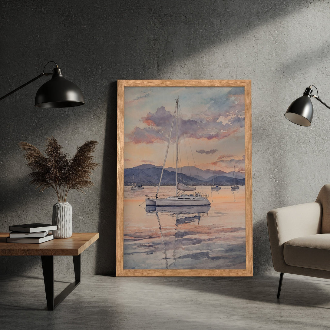 Framed Poster of watercolor sailboat scene. Soft, pastel colors create a serene seascape. Perfect art for your home!