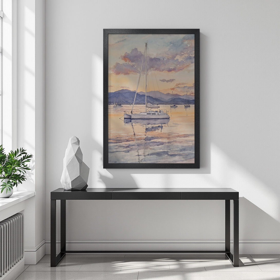 Framed Poster featuring a watercolor sailboat scene in a serene, pastel color palette. Perfect art for coastal decor!