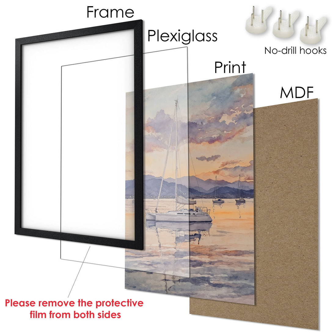 Framed Poster of sailboats at sunset. Watercolor style art with warm orange, blue, and white tones. Perfect wall decor!