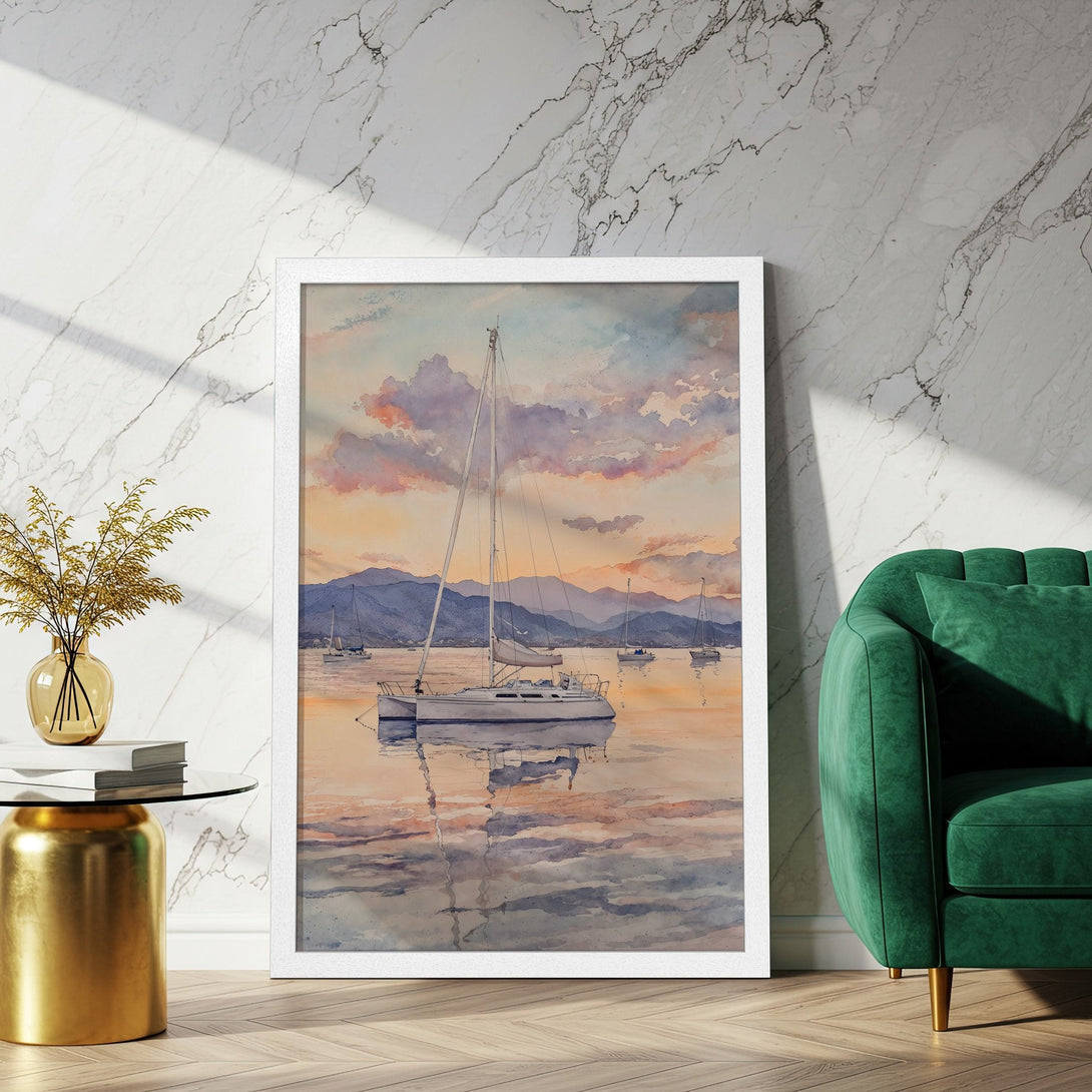 Framed Poster featuring a watercolor sailboat scene in a warm, sunset color palette. Perfect wall art for any home!