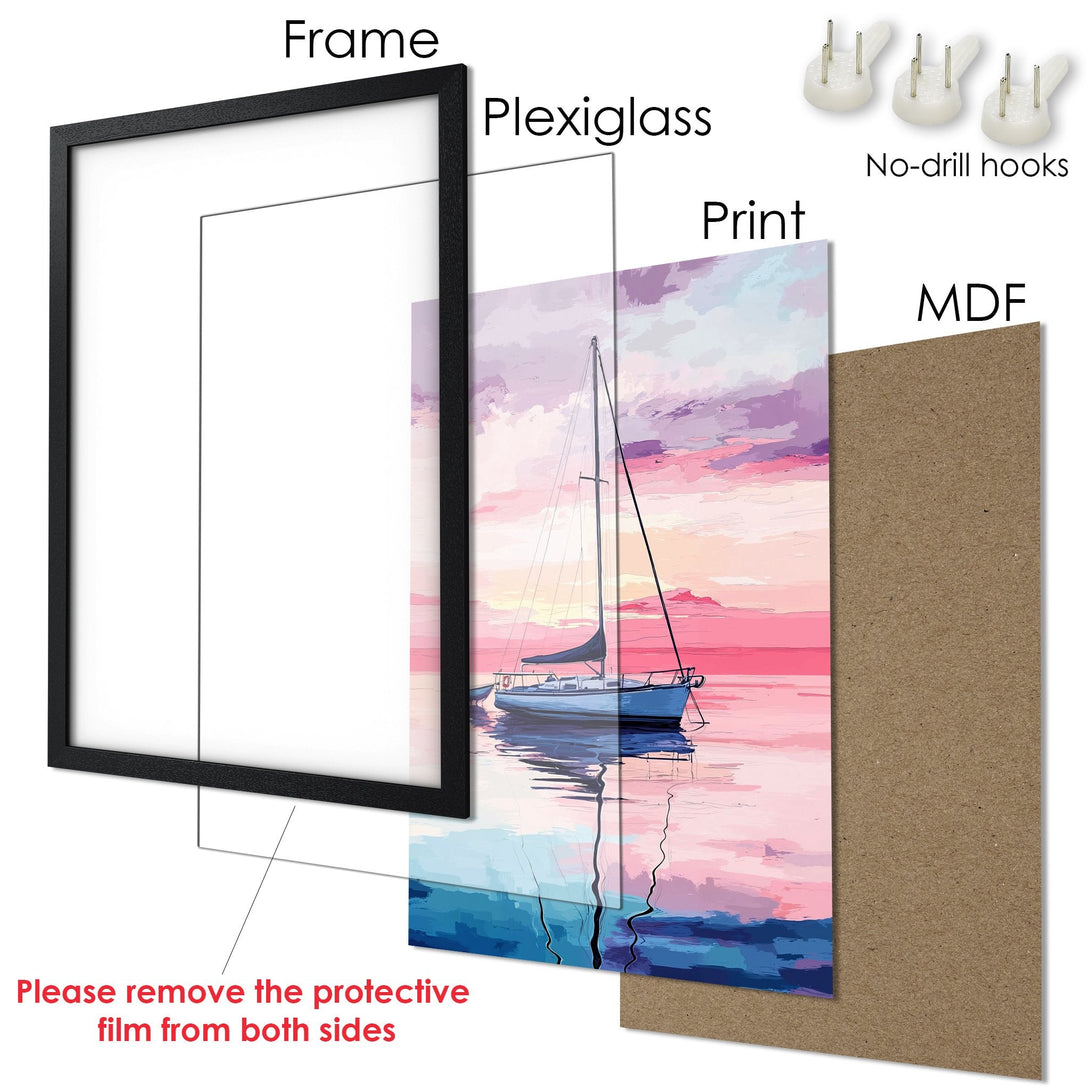 Framed Poster featuring a sailboat at sunset. Artistic style with pink, blue, and purple color palette. Perfect wall art!
