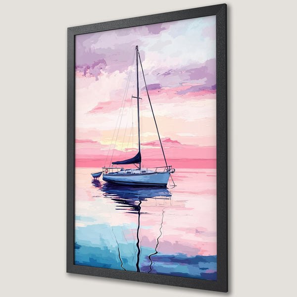 Framed Poster of a sailboat on water, impressionist style, pink and blue color palette, perfect for coastal decor.
