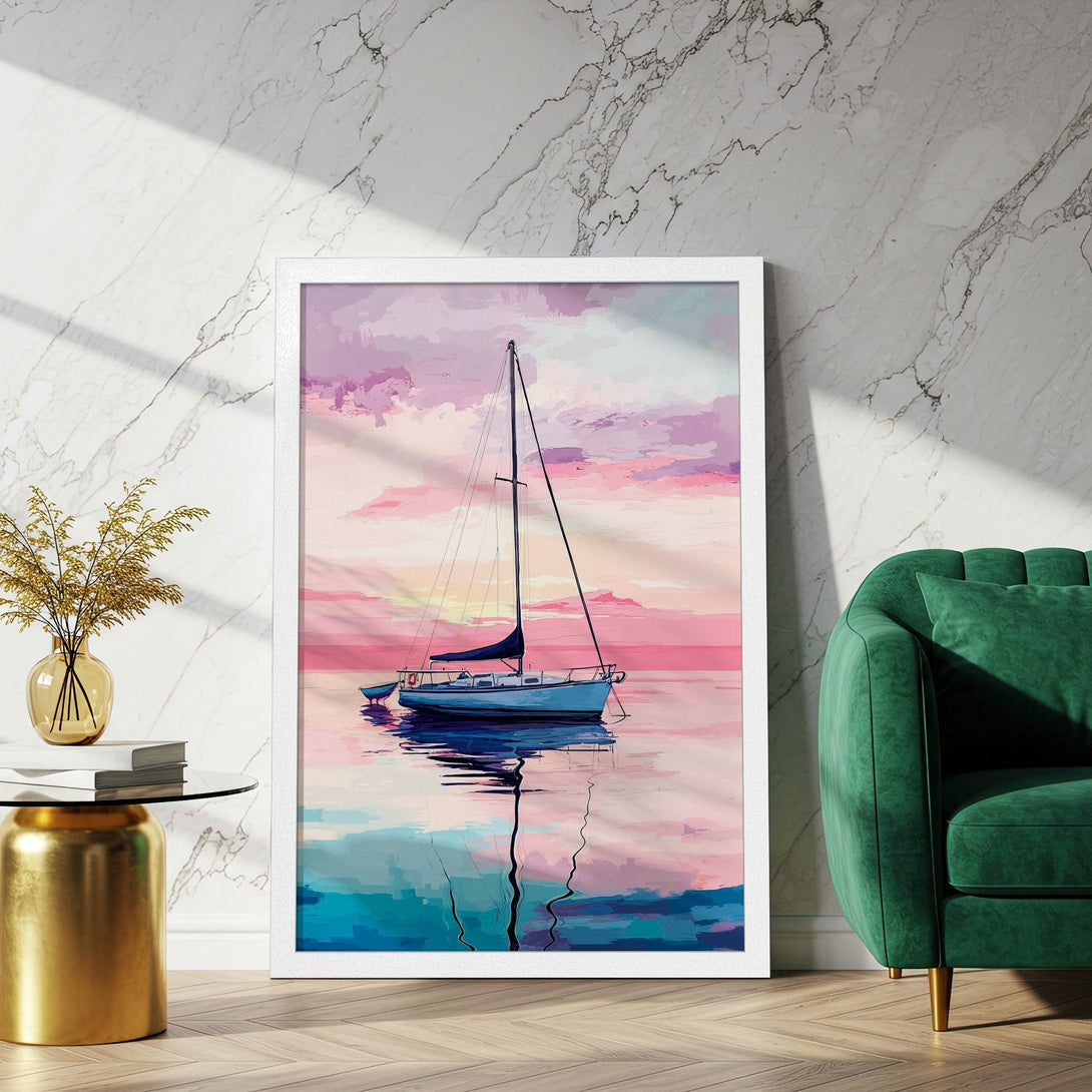 Framed Poster featuring a sailboat at sunset. Impressionistic style with a pink, blue, and purple color palette. Perfect wall art!