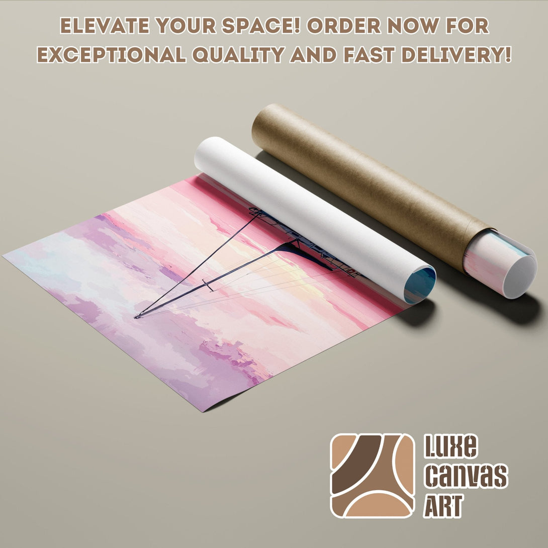 Poster Roll featuring a sailboat, abstract style, in a pink and purple color palette. Elevate your space!