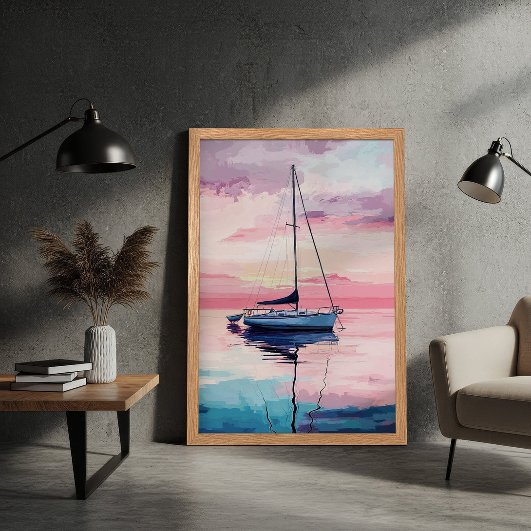 Framed Poster of a sailboat on water. Impressionistic style with pink, blue, and purple hues. Perfect wall art for coastal decor.