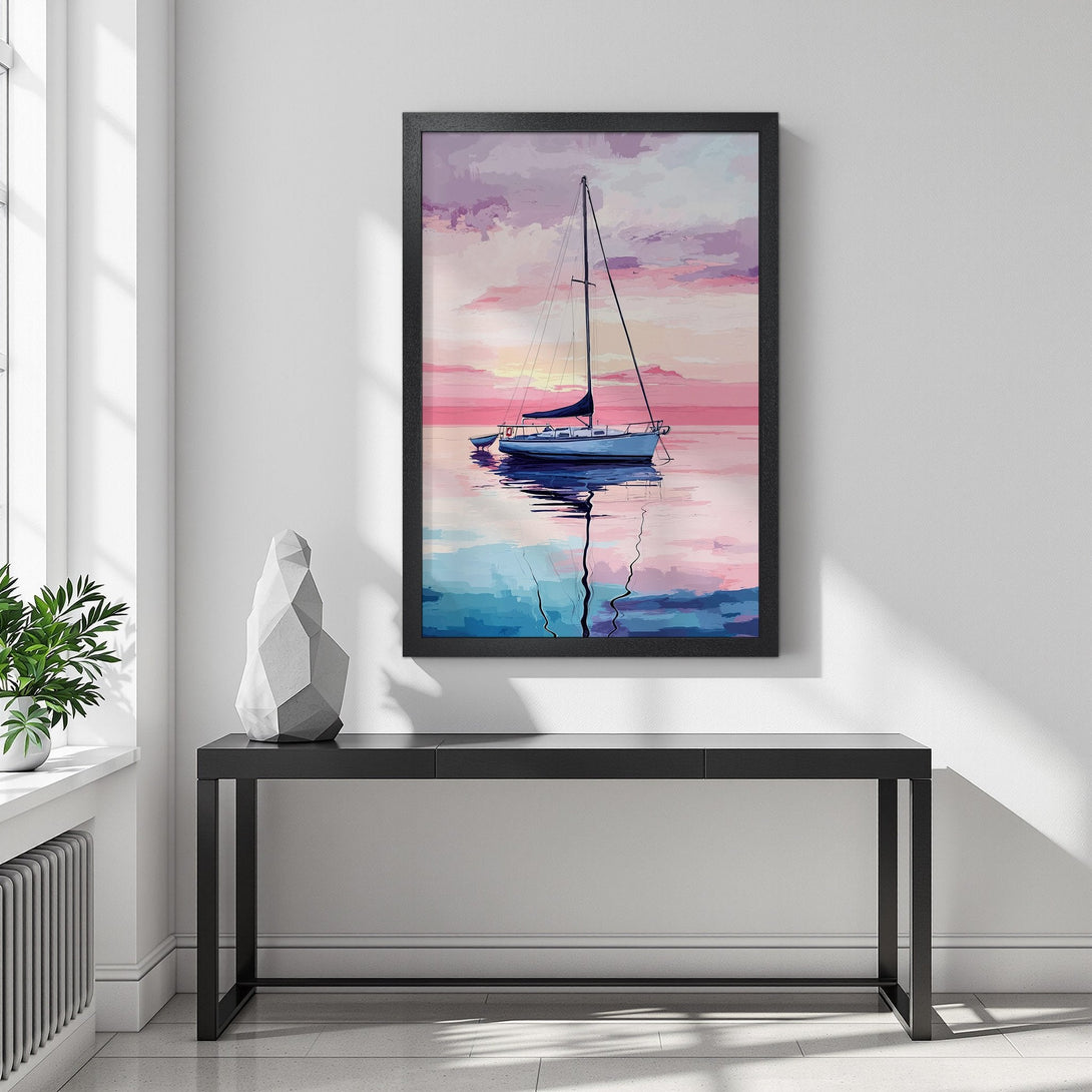 Framed Poster of sailboat on water, impressionistic style, with pink, blue, and purple color palette, perfect wall art.