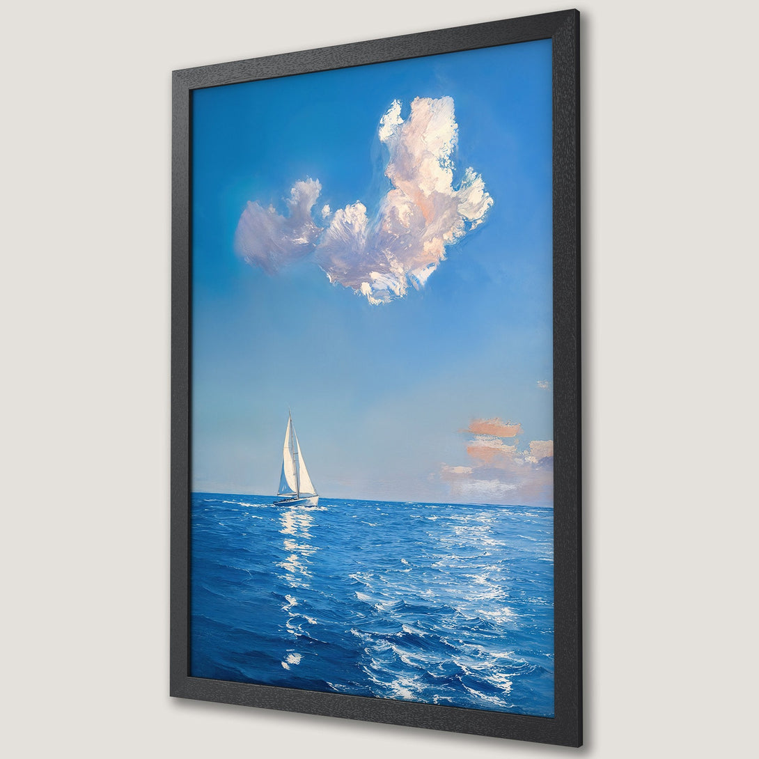 Framed Poster of sailboat on ocean, impressionistic style, blue and white color palette, perfect for coastal decor.