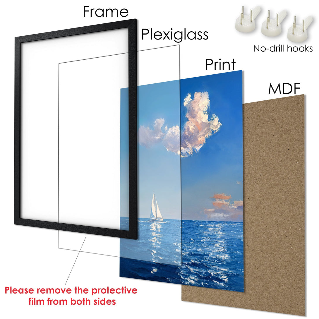 Framed Poster of a sailboat on the ocean, blue and white color palette, perfect for coastal decor.
