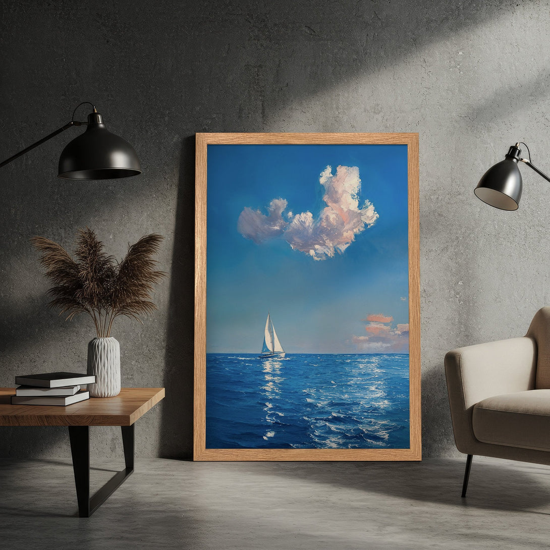 Framed Poster featuring a sailboat on the ocean, painted in a classic style with a blue and white color palette. Perfect wall art for any room.