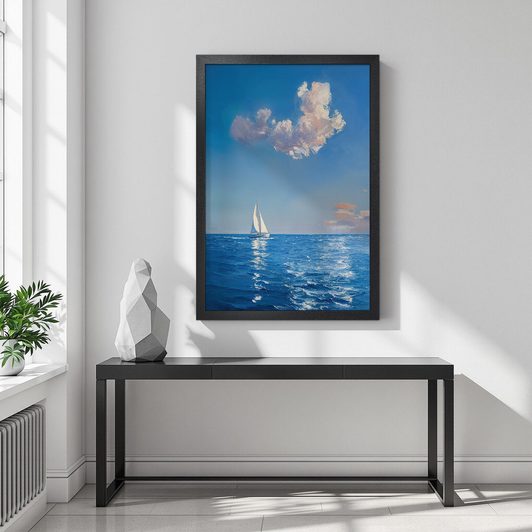 Framed Poster featuring a sailboat on the ocean, painted in a classic style with a blue and white color palette, perfect for coastal decor.