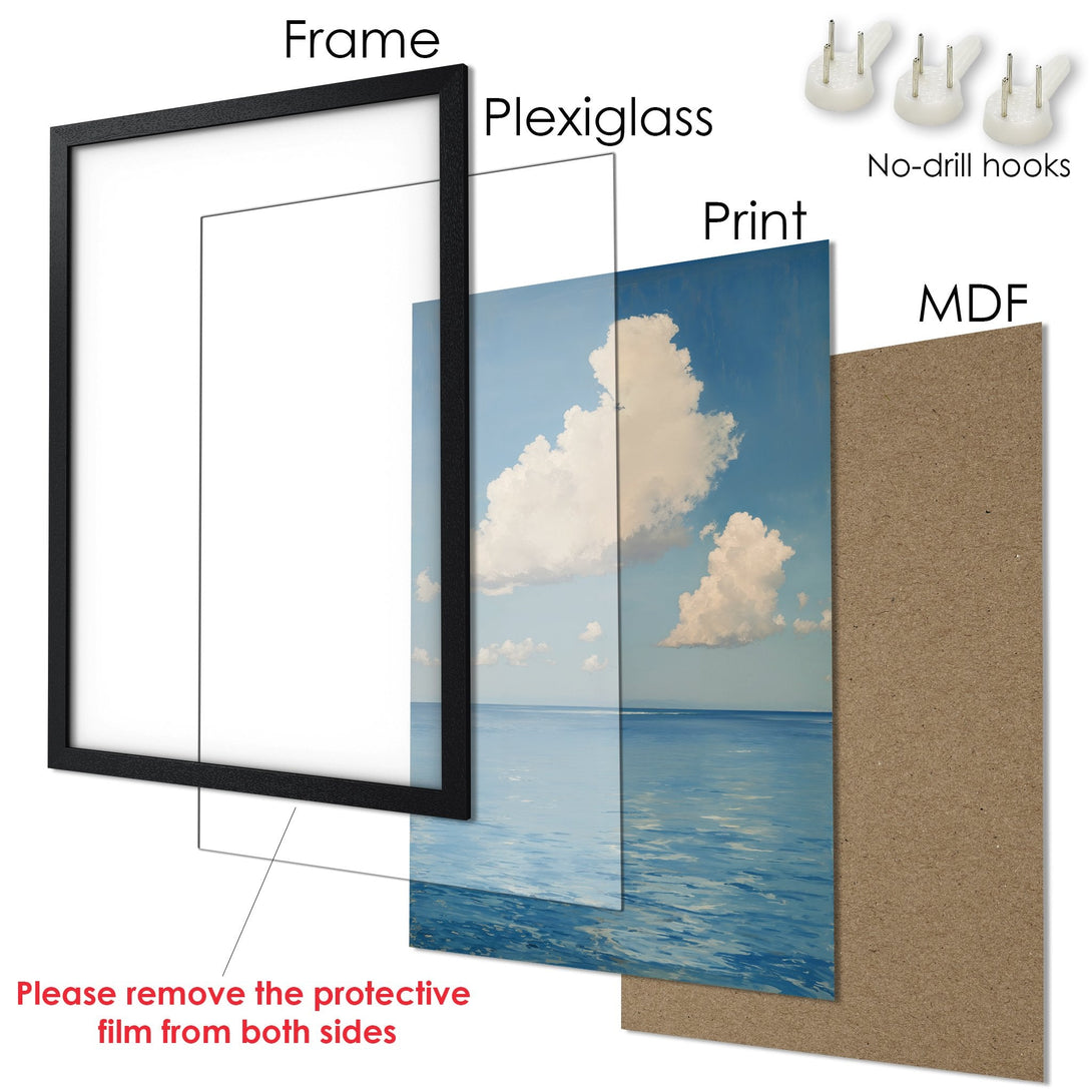 Framed Poster of ocean scene in blue and white. Perfect wall art for any space!