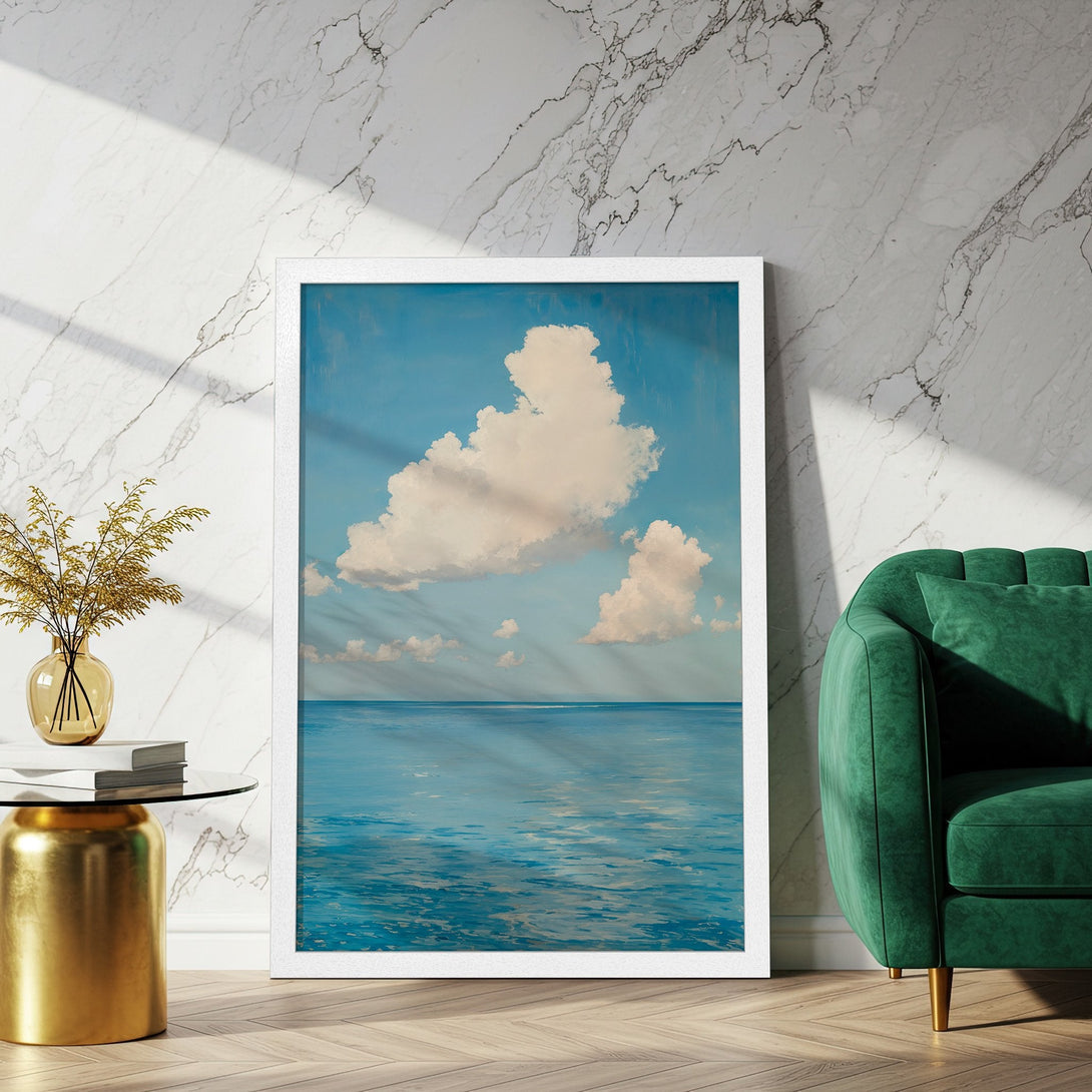 Framed Poster featuring a serene seascape with clouds. Soft, painterly style in calming blue and white tones. Add tranquility to your space!