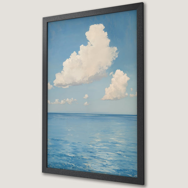 Framed Poster featuring a serene seascape with clouds, painted in a calming blue and white color palette. Perfect wall art for any room!
