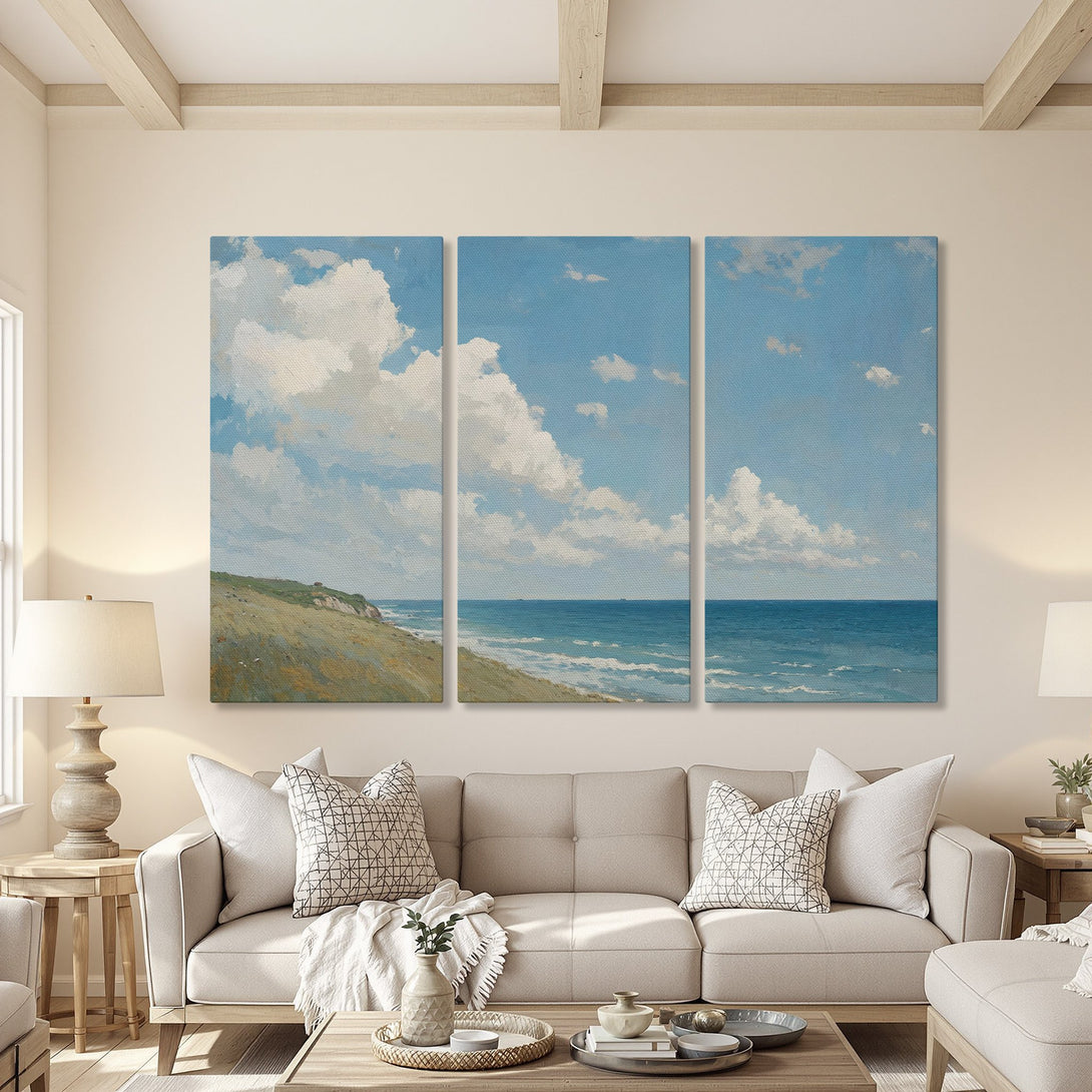 Canvas Print of a serene seascape painting in blue and white, displayed in a cozy living room, perfect for coastal decor.
