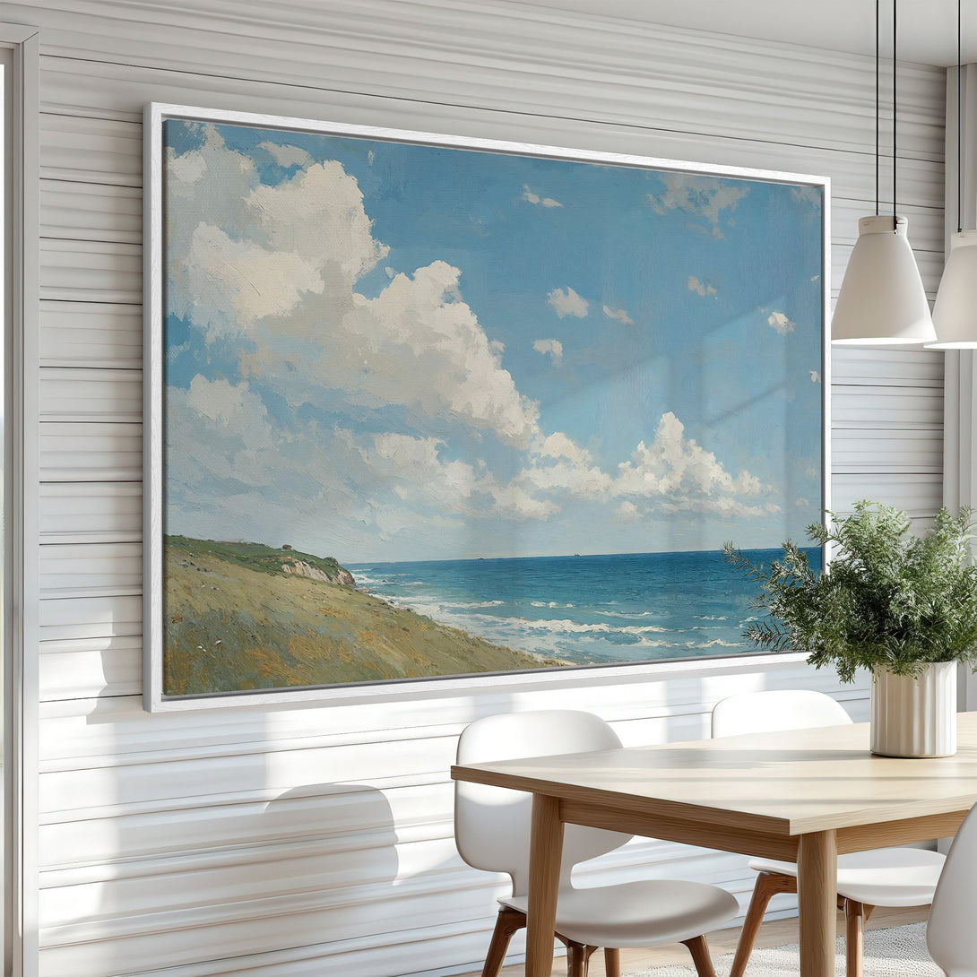 Framed Wall Art: Coastal landscape Canvas Print with blue, white, and green color palette. Perfect for adding a touch of serenity to your home decor.