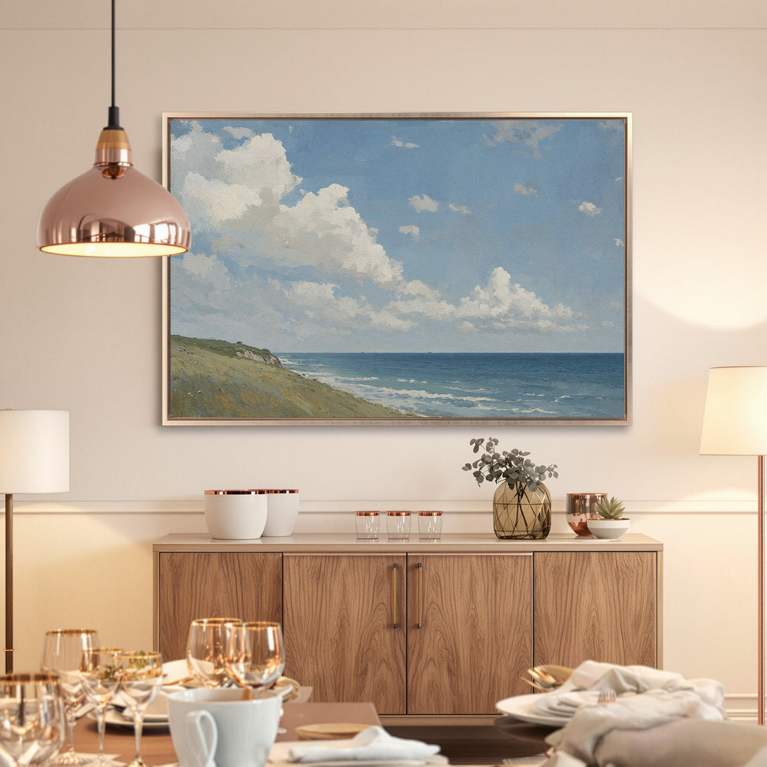 Framed Wall Art: Coastal landscape painting in blue and green hues. Classic style Canvas Print adds a touch of elegance to any room.