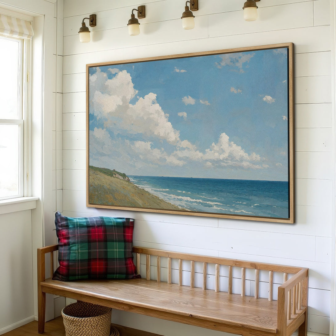 Framed Wall Art: Coastal landscape Canvas Print in blue & white. Classic style art, perfect for a serene home decor.