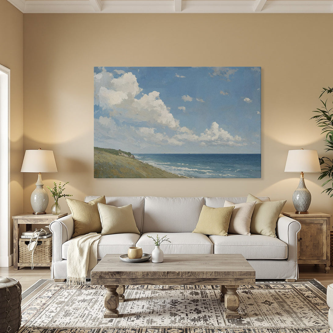 Framed Wall Art: Coastal landscape Canvas Print with blue, white, and green hues. Perfect for adding a touch of serenity to your home decor.