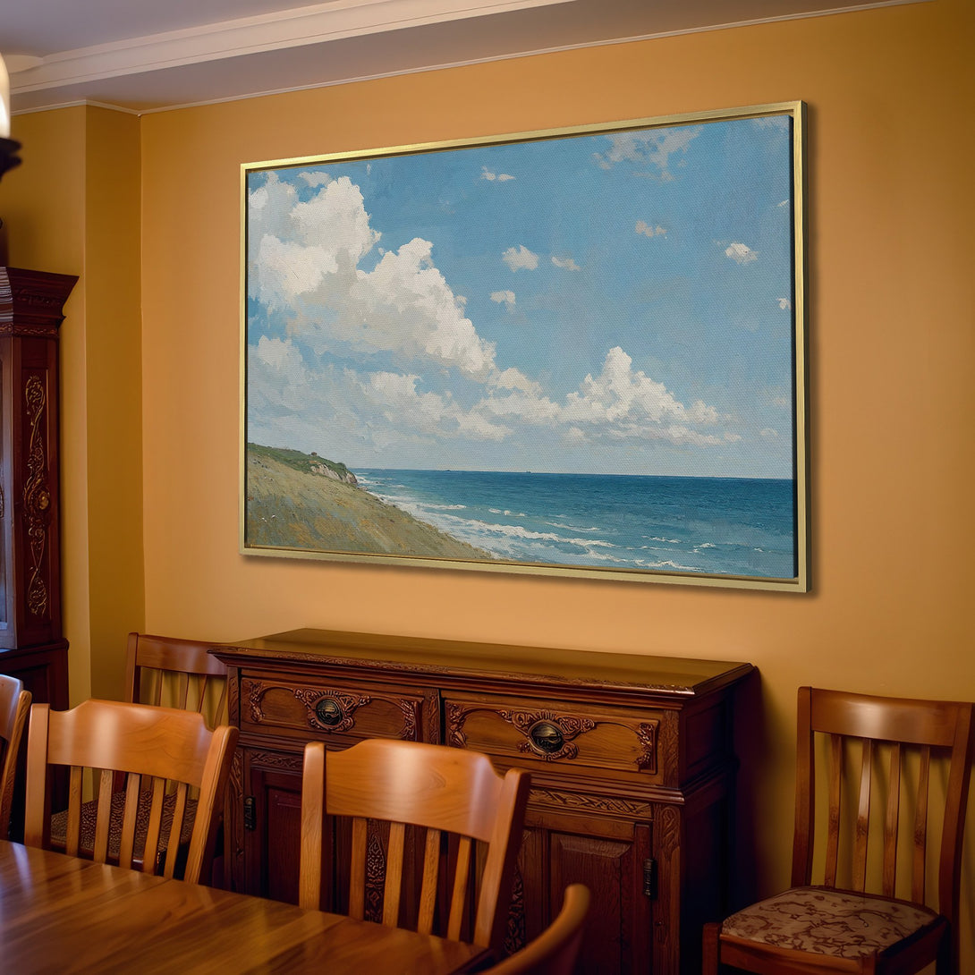 Canvas Print of a coastal landscape painting in blue and neutral tones, adding a touch of serenity to any room.