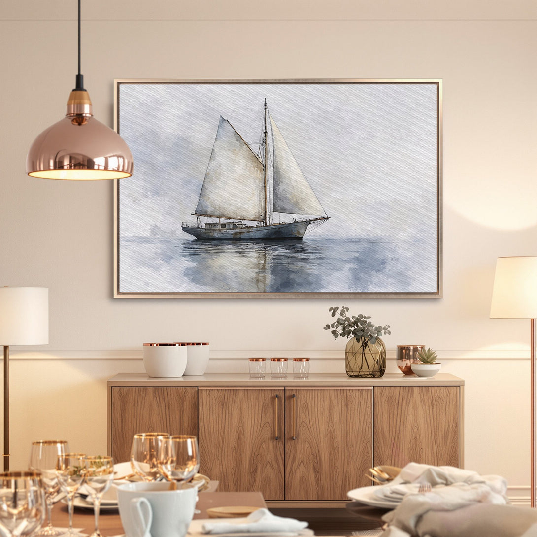 Framed Wall Art: Watercolor sailboat print in soft blues & grays. Coastal decor, perfect for living rooms or bedrooms. Shop now for elegant wall art!