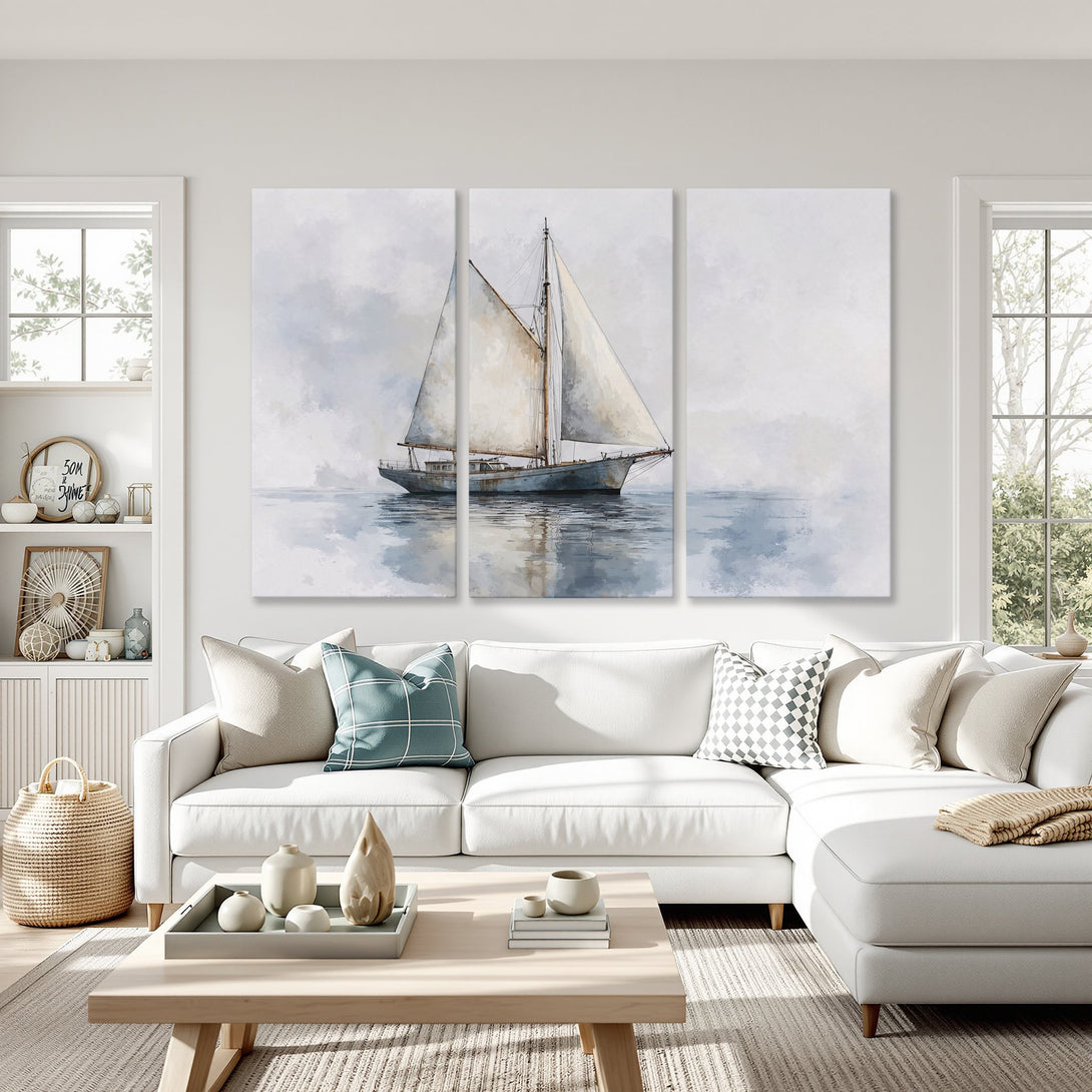 Canvas Print: Watercolor sailboat art in calming blue and neutral tones. Coastal-inspired wall decor for a serene living room.