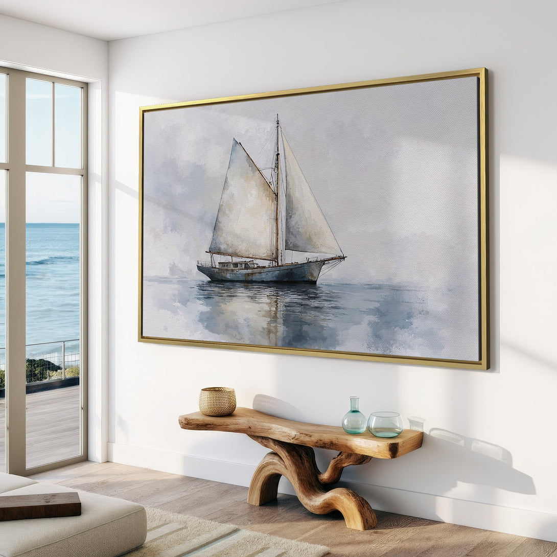 Canvas Print of a sailboat in watercolor style, serene coastal art in calming blue and gray tones. Perfect for your home decor!